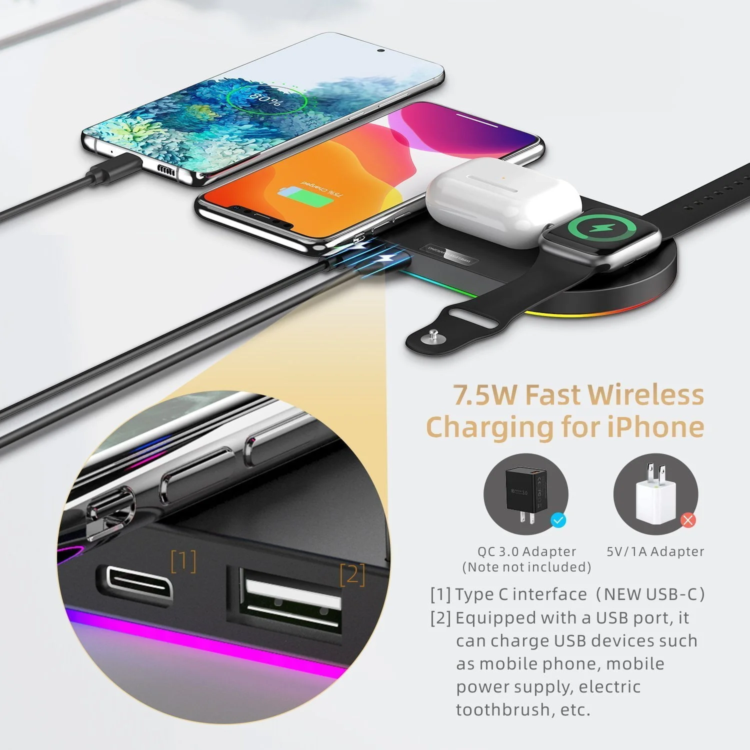 fast charging with light of throne 4 in 1 wireless charger 