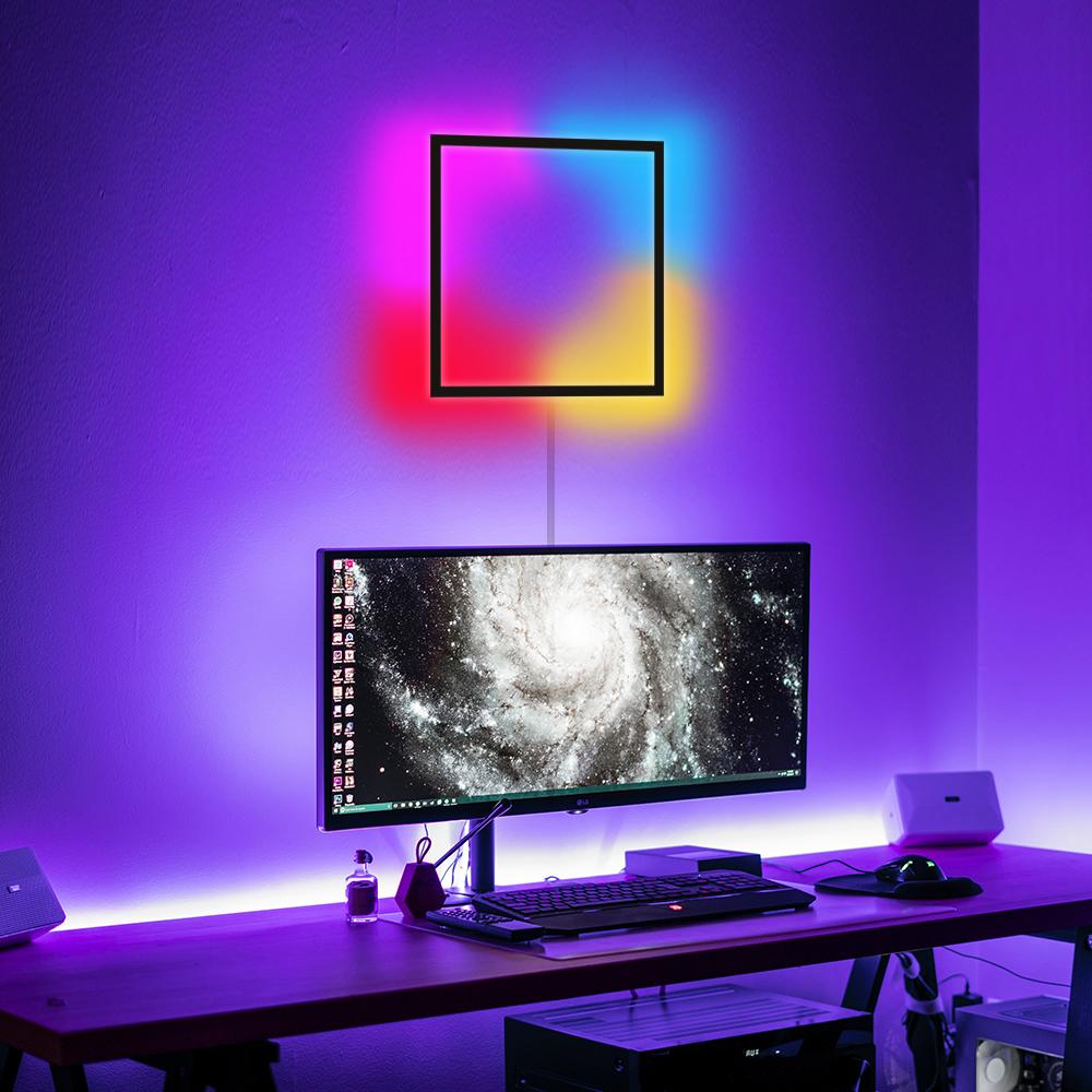 cube RGB light in the wall above pc monitor